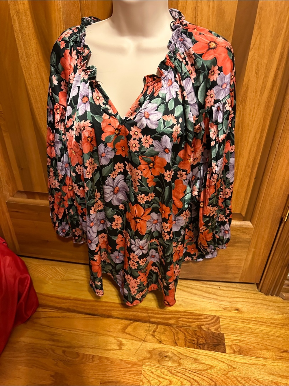 Umgee Black Floral V-Neck Tunic with Orange & Lavender Blooms